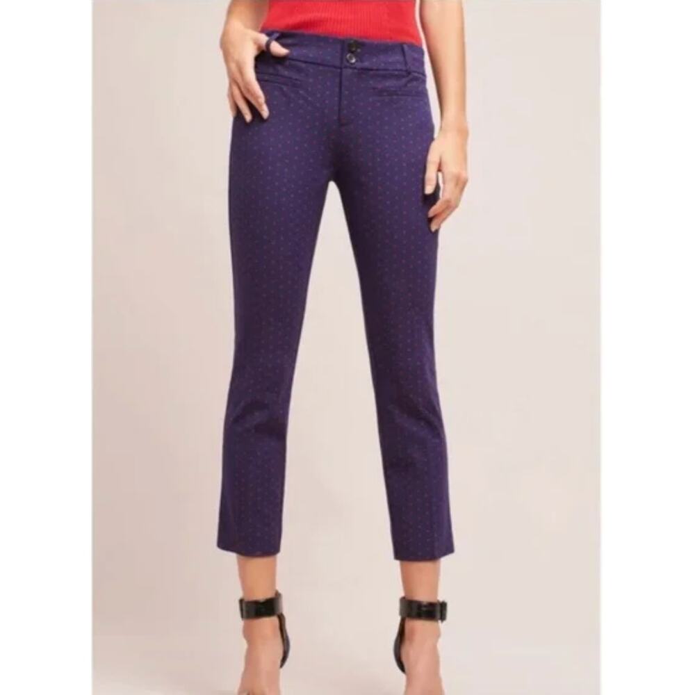 Women Anthropologie The Essential Slim Trousers Pants Size 12 Navy w/ Red Dots